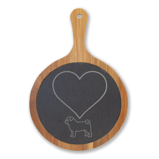 Engraved Pug Charcuterie Board with Slate & Cheese Knife Set