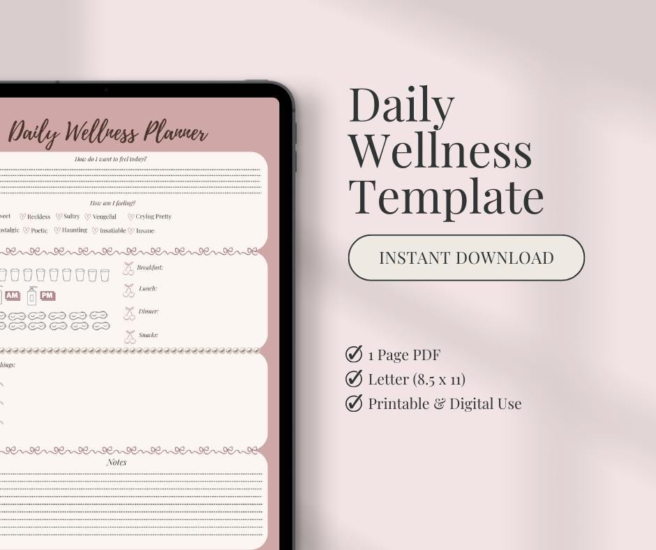 Romantic Wellness Daily Planner | Wellness & Self Care Printable | Soft Girl Routine PDF
