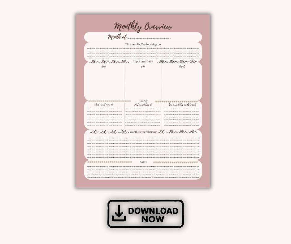 Monthly Overview Planner Printable | Soft Monthly Reflection & Planning PDF