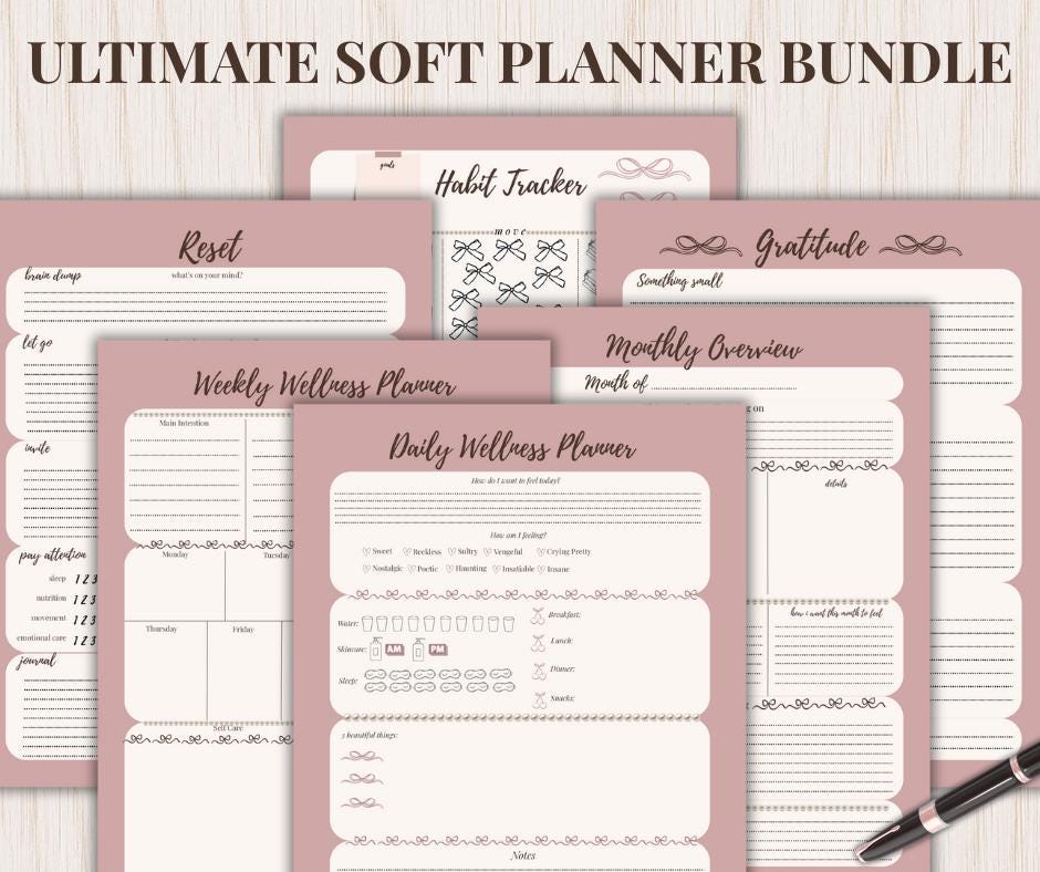 Ultimate Wellness Planner Bundle | 6 Printable Planning Templates | Daily, Weekly, Monthly, Gratitude, Habit & Reset PDF