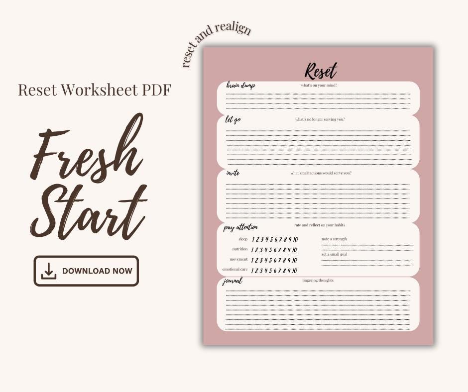 Soft Reset Planner | Printable Wellness Reset Worksheet | Mental Health, Intentional Living PDF