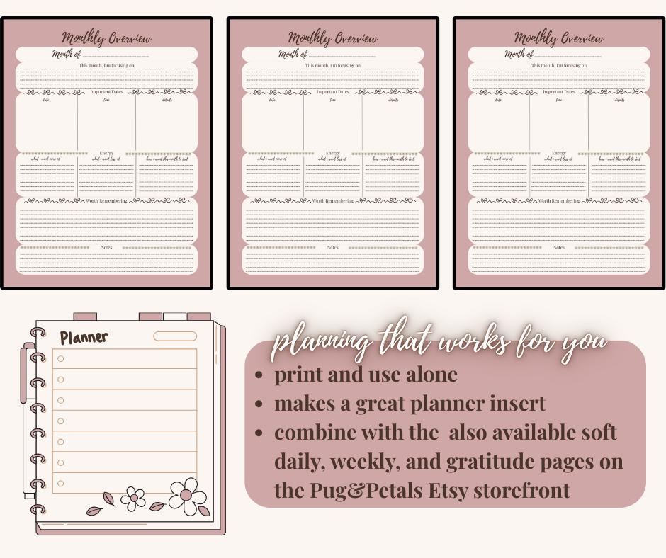 Monthly Overview Planner Printable | Soft Monthly Reflection & Planning PDF