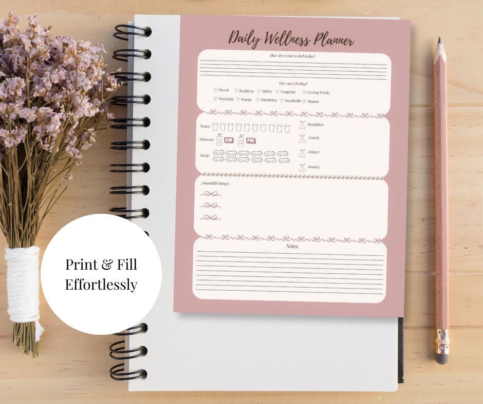 Romantic Wellness Daily Planner | Wellness & Self Care Printable | Soft Girl Routine PDF